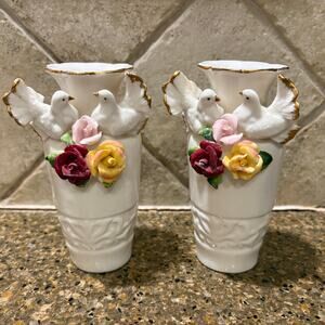 Vtg Heritage Pottery 1999 2 Doves Flower Vase